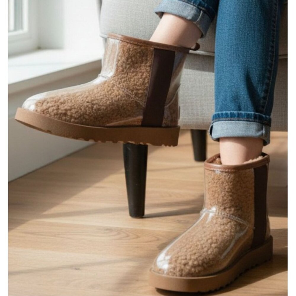 Clear Shearling-Lined Ankle Boots With Brown Trim & Rubber Sole For Women - Picture 11 of 11